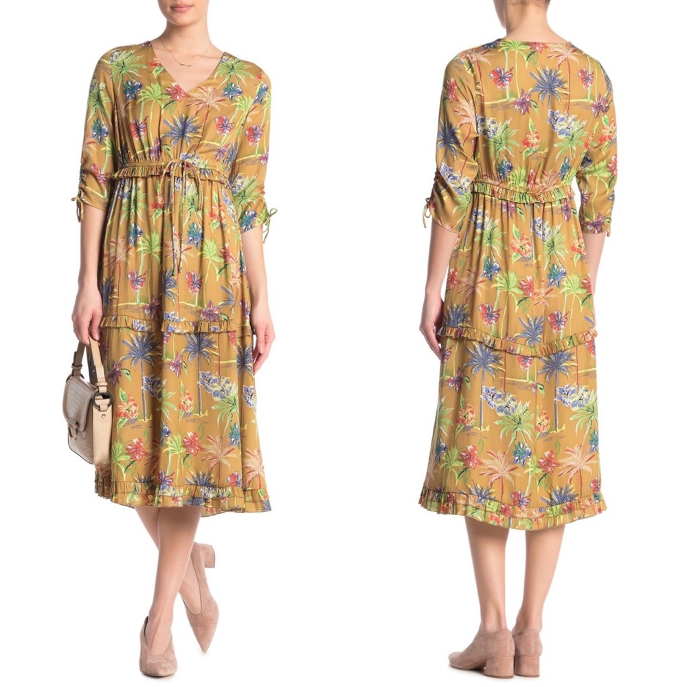 SCOTCH & SODA V-Neck 3/4 Sleeve Floral Midi Dress
